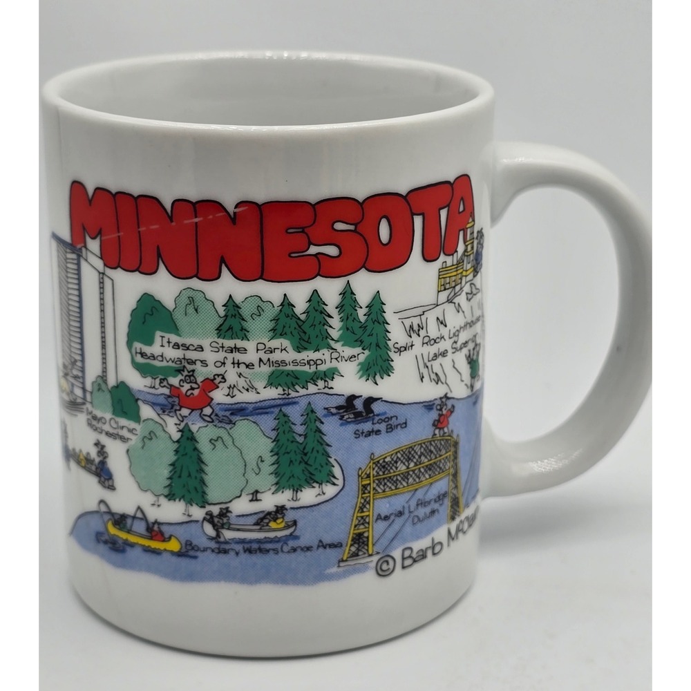 Vintage 90s Minnesota Souvenir Mug Barb McDevitt Cartoon Map Minneapolis St Paul